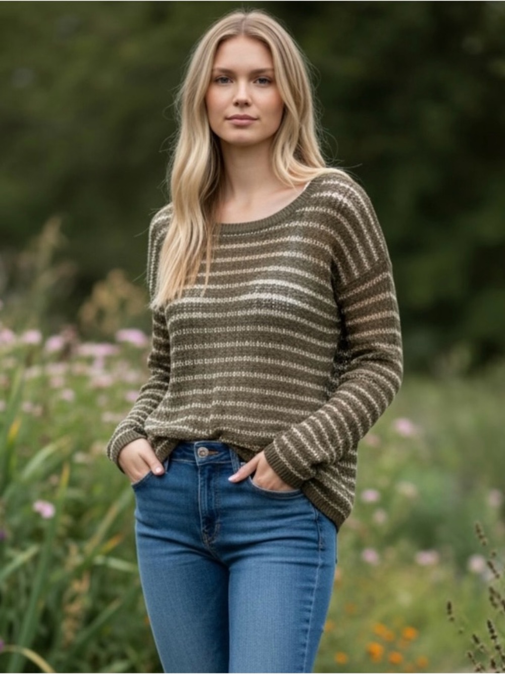 Banana Republic Women’s Metallic Gold & Olive Striped Open Knit Sweater Size M